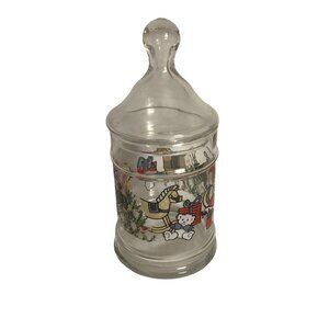 Vtg CC HOME FURNISHINGS Christmas Toy Images Candy Apothecary Glass Jar & Lid